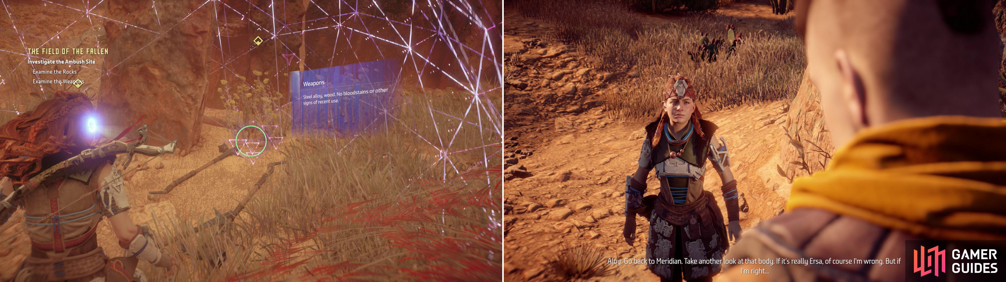 Search the real ambush site for clues about Ersa’s fate (left) which leads Aloy to make a rather startling conclusion (right).