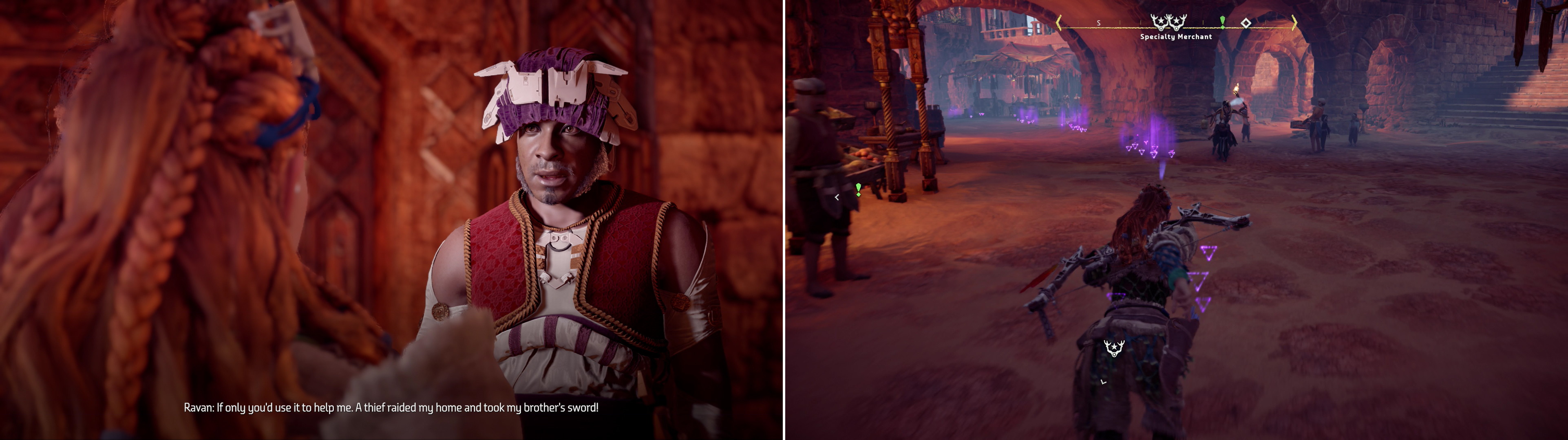 Talk to Ravan to learn about his plight (left) then track down the thief, who generously left a blood trail (right).