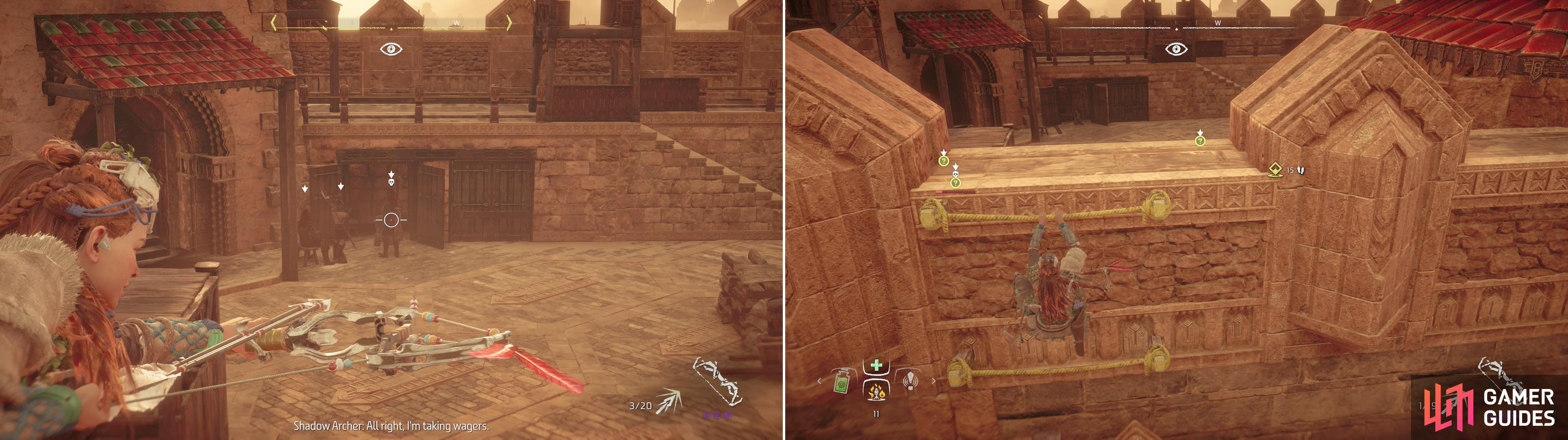 Assassinate the Shadow Carja in the keep (left) and take cover along a wall if they get wary (right).