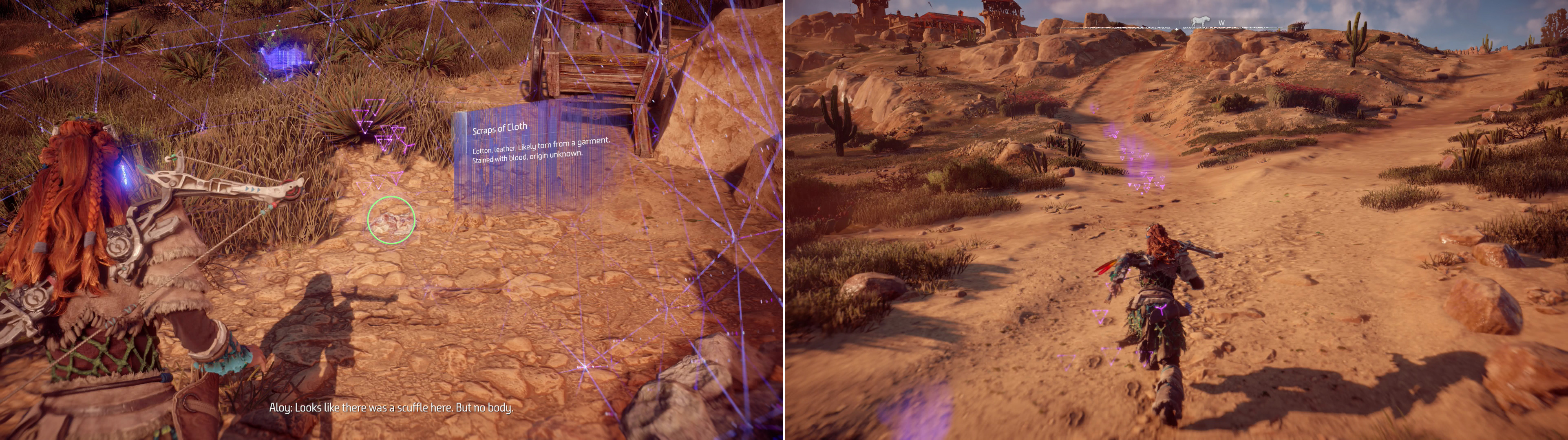 Use your Focus to scan the Campfire (left) then follow the trail you pick up to the west (right).
