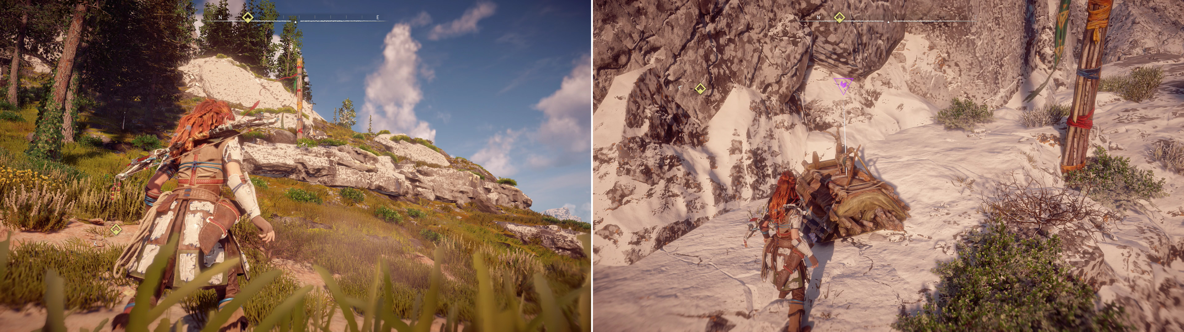 Spot a pole with colorful ribbons tied on it (left) which marks a nearby Banuk site, where you can climb to find the Banuk Artifact - Mother (right).