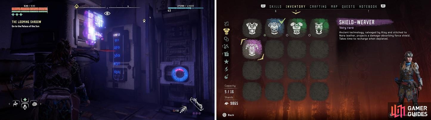 Solve the two puzzles in The Bunker (left) to access the Shield-Weaver Outfit (right).