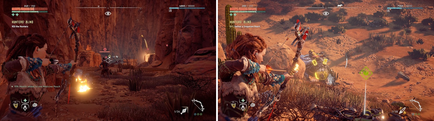 Depending on your answer, you might have to fight the hunters (left) or kill a Snapmaw for a heart (right).