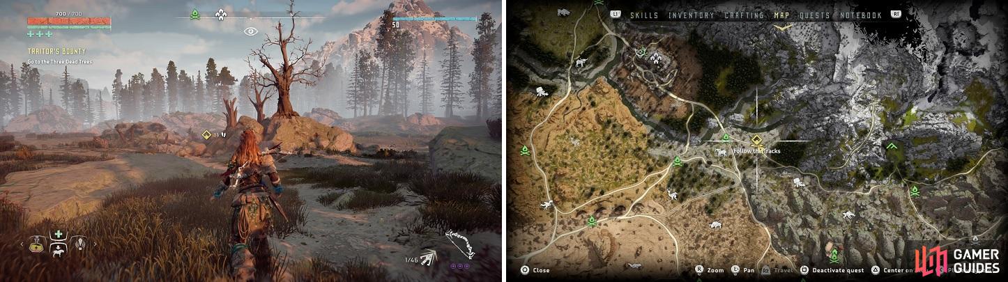 The location of the Three Dead Trees, both in-game (left) and on the map (right).