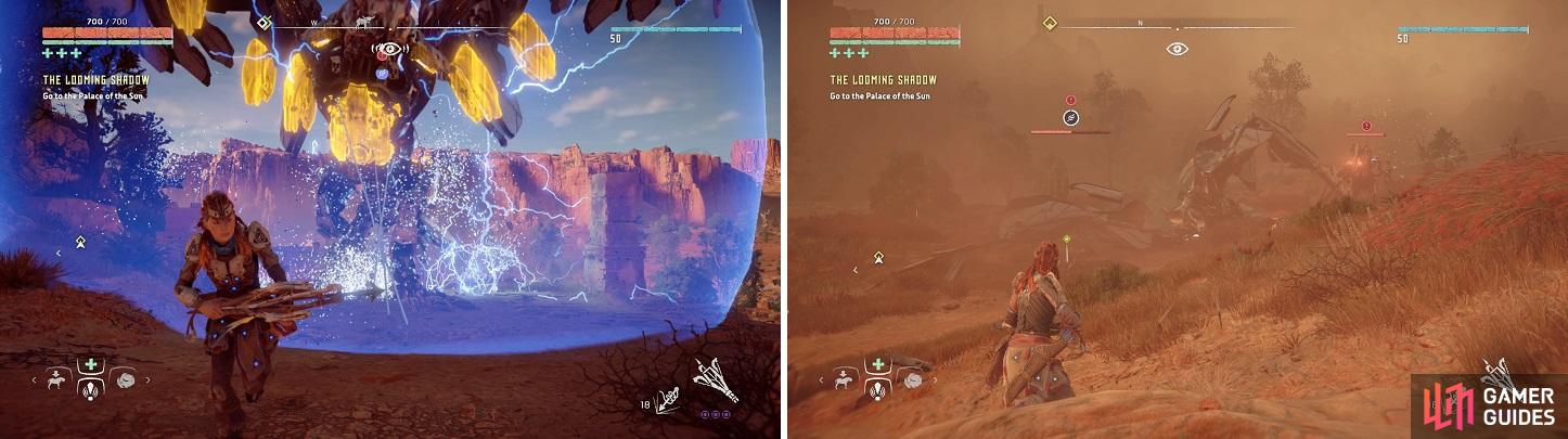 The Stormbird will chase after you with the force-field active (left). Tieing down the Stormbird with the Ropecaster is an effective strategy to keep it grounded (right).
