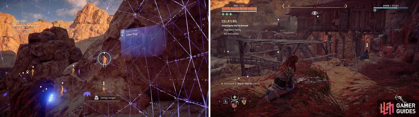 Kill the cultist on the ledge (left) to get a perfect view of the camp below it (right).