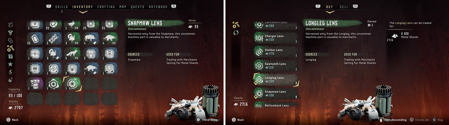 You might already have some Lens on you (left). If you have the extra shards, you can purchase both Lens in Meridian (right).