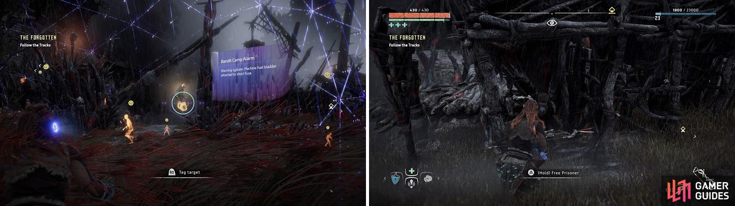 All bandit camps have an alarm that can be shot to disable it (left). They also feature prisoners that can be set free (right).