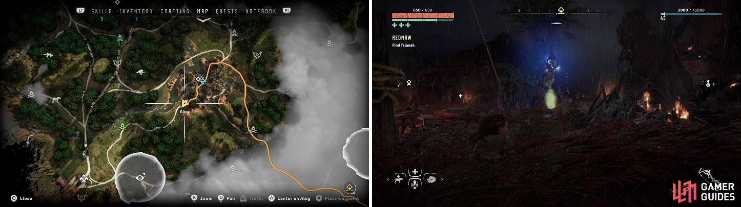 Approach Blackwing Snag from the southwest (left) to easily access the camp alarm (right).
