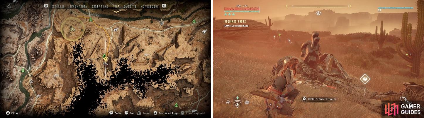 The location of Brin on the map (left). The Corruptor is already dead, so loot the blood after clearing the area (right).