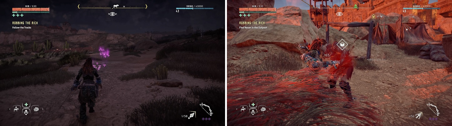 Following the purple trail is common in these sidequests (left). There are a lot of enemies at the fort, so try to stick to the shadows (right).