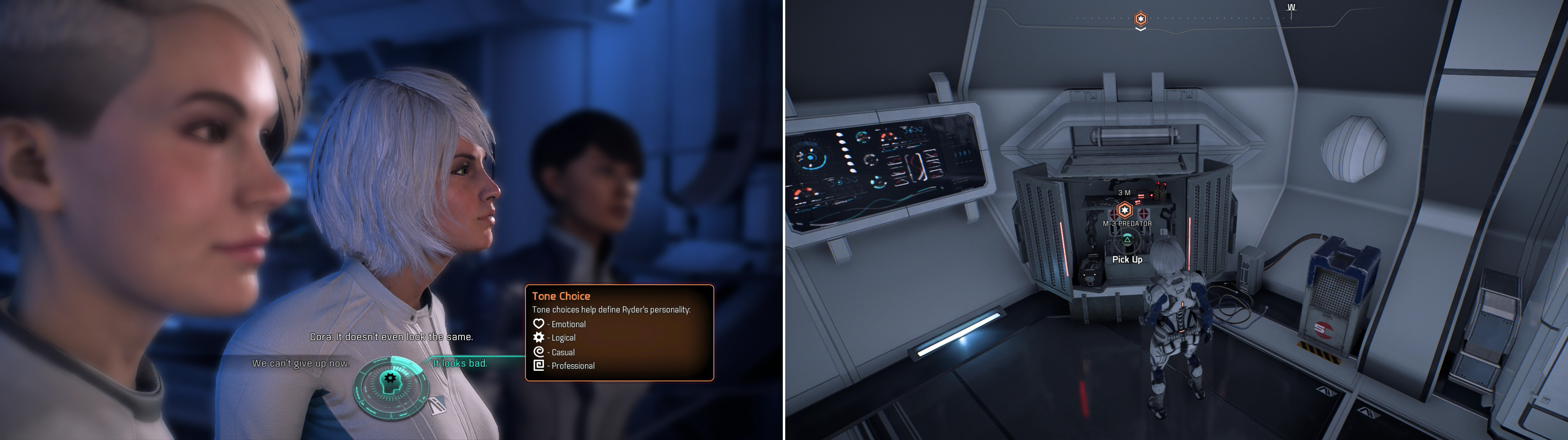 Dialogue choices rarely get you different results, but you can note the icons next to them, which indicate Ryder’s tone (left). Be sure to arm yourself appropriately before embarking on your first adventure (right).