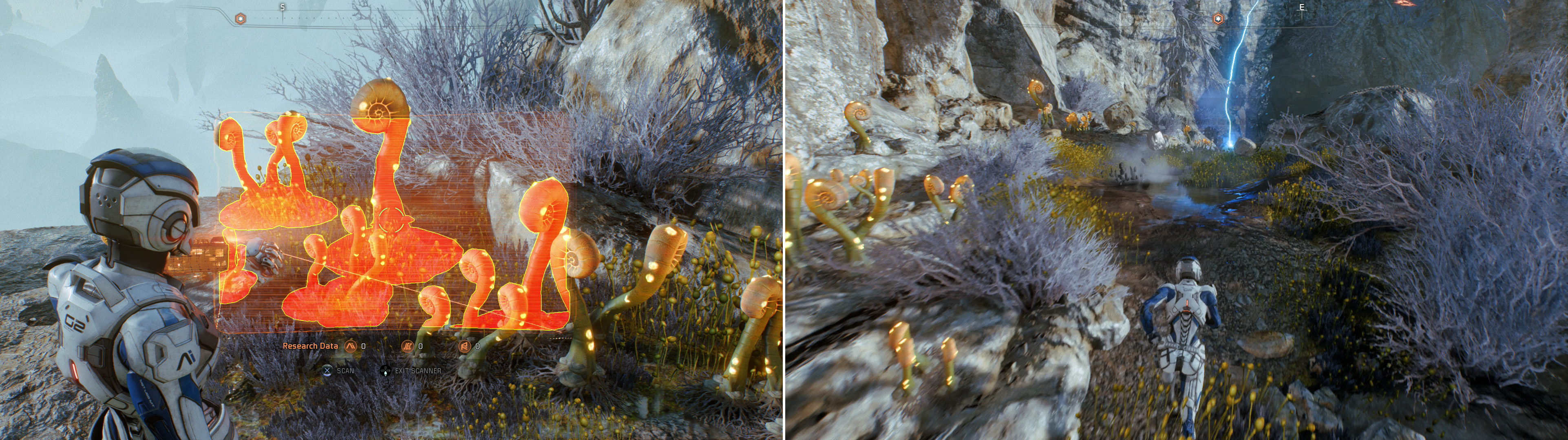 While it may not be a golden world anymore, there’s still plenty of life to scan (left). Sprint to get through a field of lightning (right).