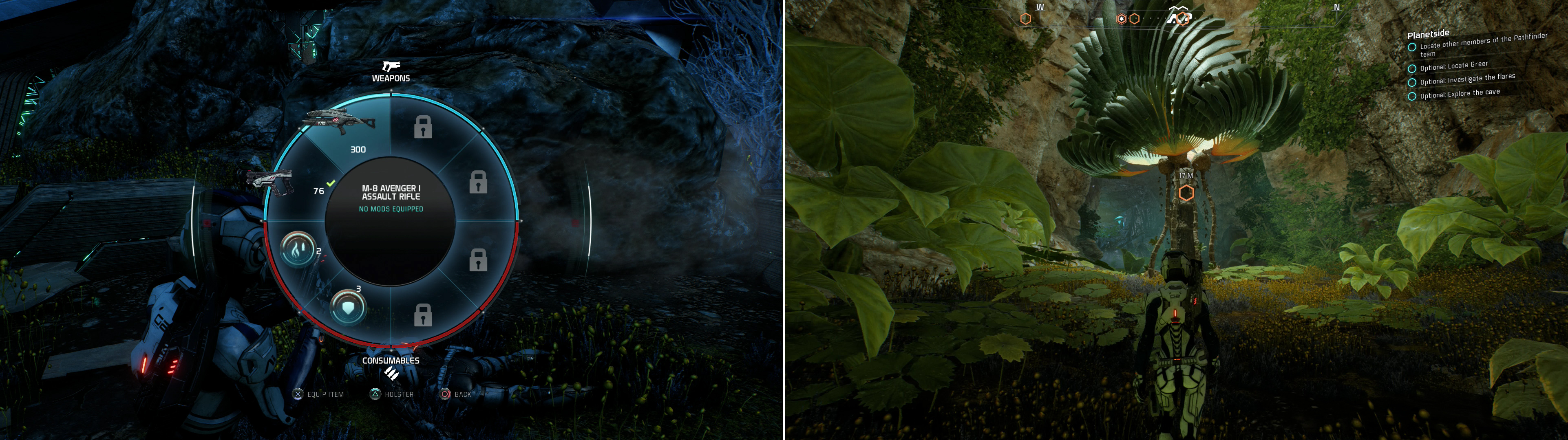 Search Kirkland’s body for an M-8 Avenger Assault Rifle (left). In a sheltered cave you’ll be able to catch a glimpse of Habitat 7 as it once was (right).