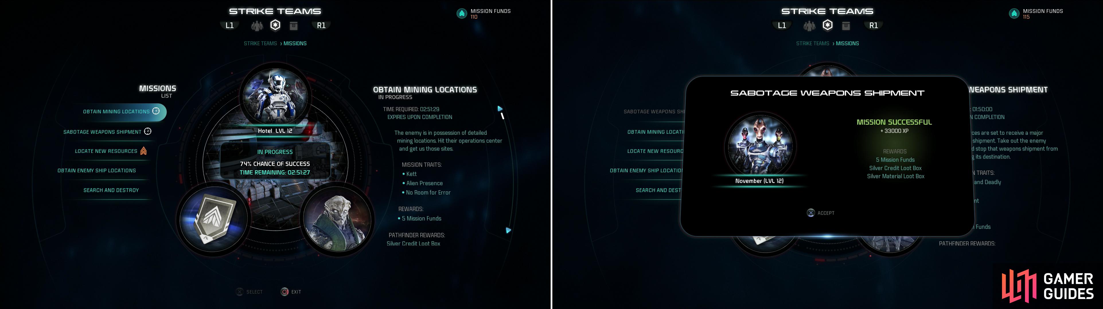 Different missions and strike teams have different traits, which work together to determine your odds of success (left). Successfully completing missions earn you rewards (right).