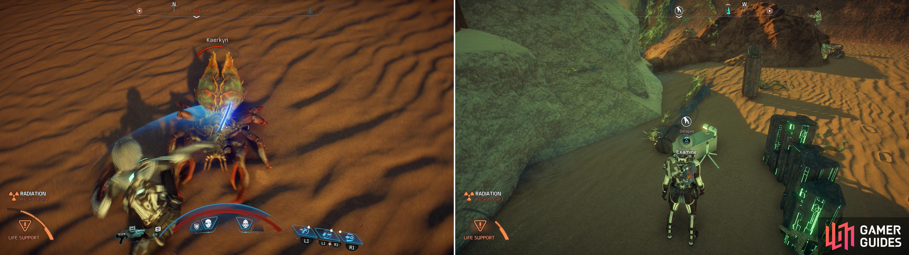 Killing Kaerkyns in the wilderness of Eos can prove quite lucrative (left). Finding Datapads at random Remnant sites will start the quest “Task: The Ghost of Promise” (right).