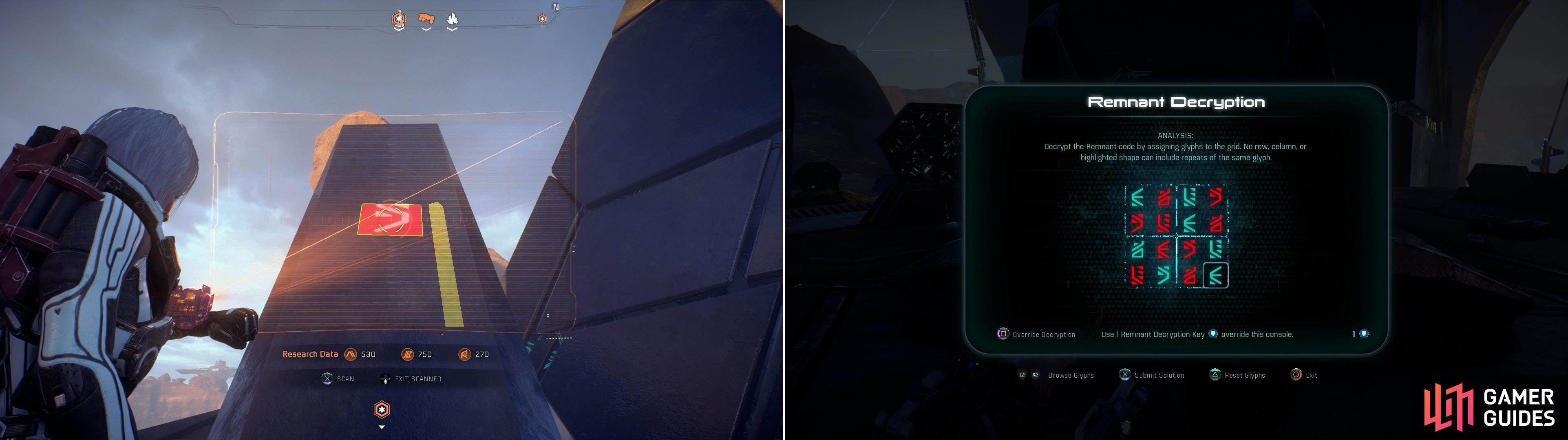 Follow conduits to track down and use Remnant Consoles to reach glyphs (left), then complete the Remnant puzzle to activate the second monolith (right).