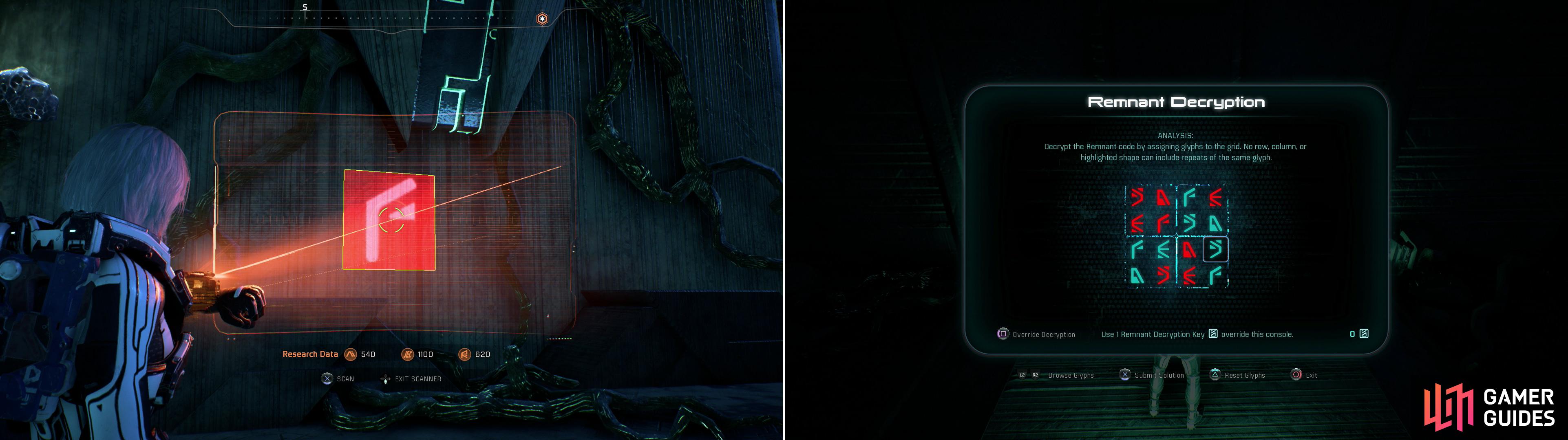 In an optional area you’ll find some glyphs you can scan (left) which will help you solve a Remnant puzzle (right) and open a lucrative container.