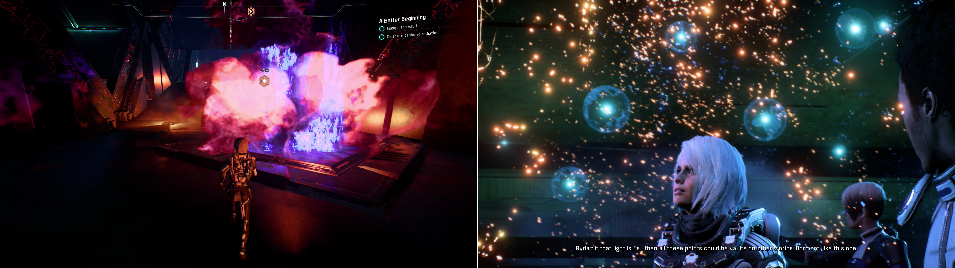 Flee the purification cloud while dodging other environmental hazards (left), after which you’ll discover that there’s plenty of work for a Pathfinder in the Heleus cluster (right).