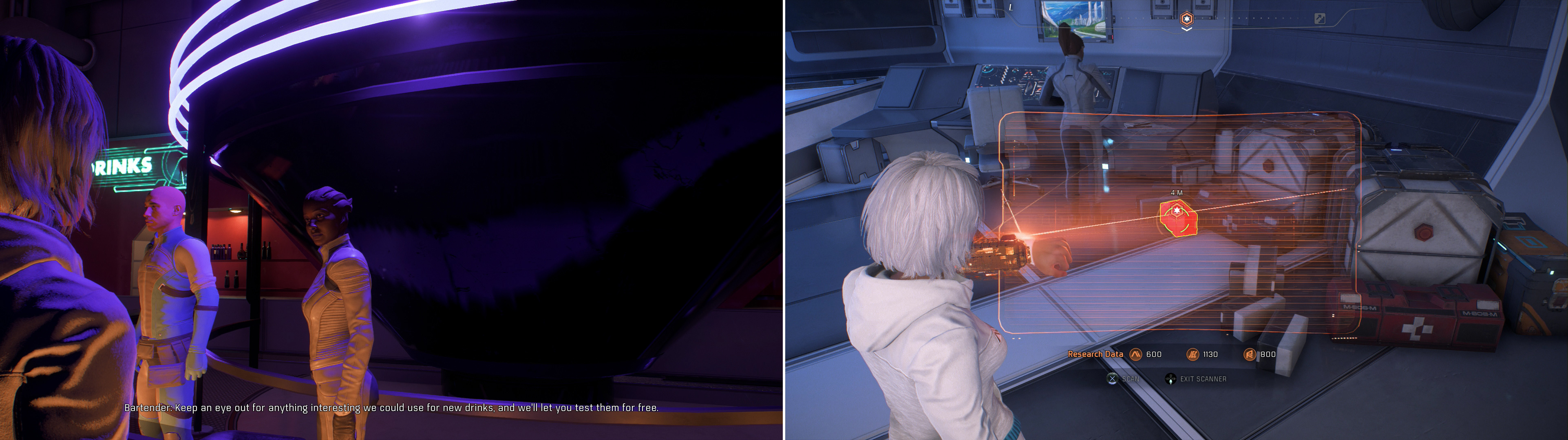 Talk to the Bartender in the Vortex to start the quest “Task: Better Crafting” (left), then find the ingredients she’s looking for in the Hyperion (right).