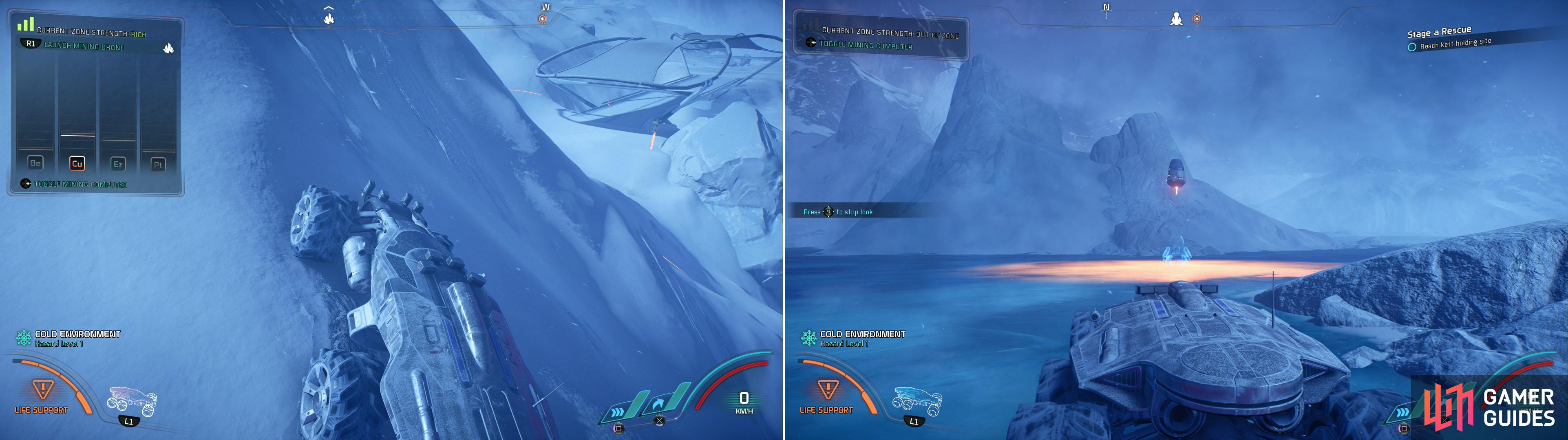 If you’re willing to drive… creatively… you can find more rare minerals at a Mining Zone past a bridge (left). Drive onto a frozen lake to deploy another Forward Station (right).