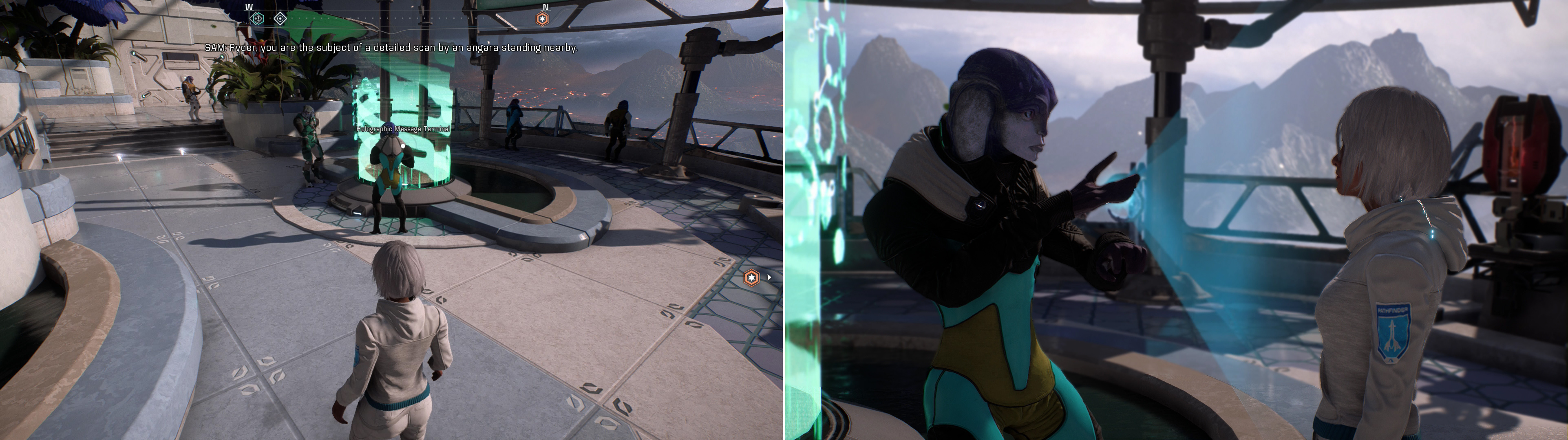 As you pass through Aya, you’ll be warned of a voyeuristic scan by SAM (left). Confront the rude Angara and make an exchange of it, or just formally consent to the scanning (right).