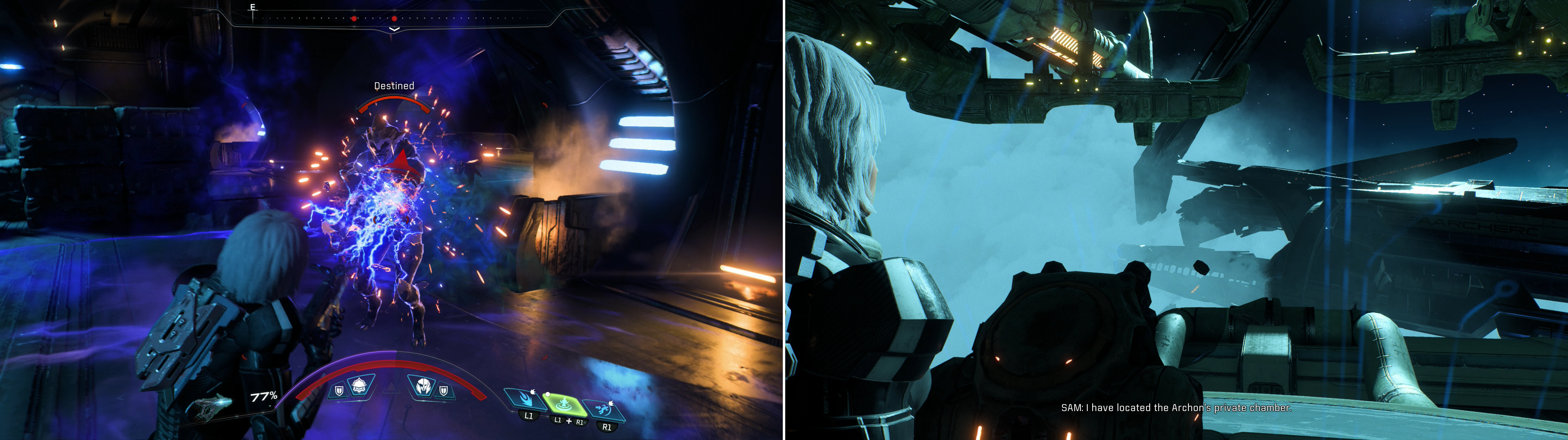 Fight the Kett that greet you when you enter the Kett ship (left) then access a terminal to learn the location of the Archon’s chamber (right).