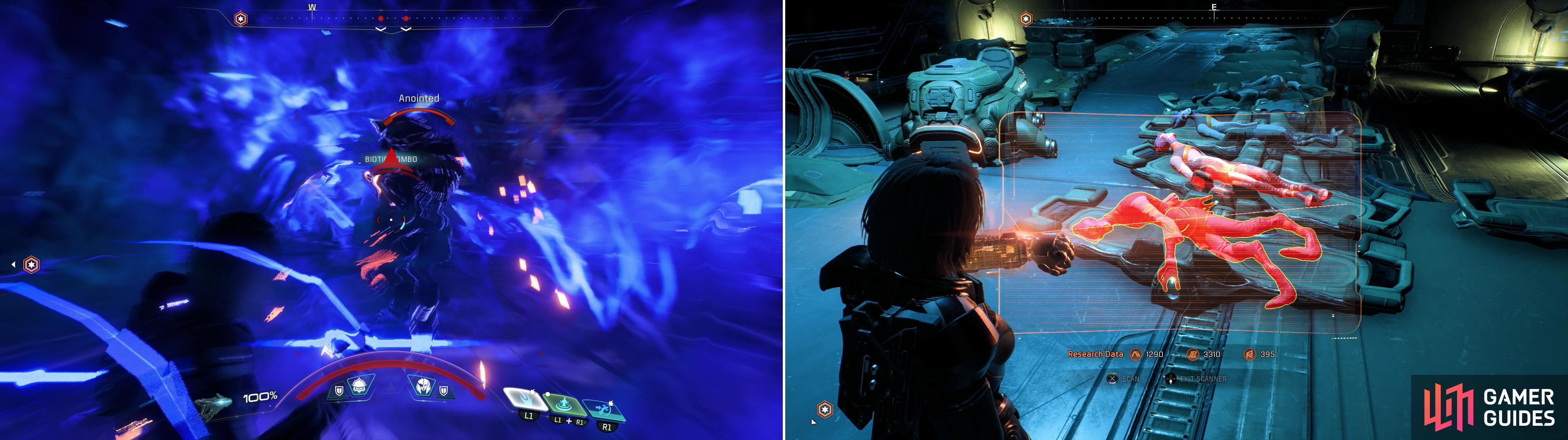 Slaughter your way through some Kett laboratories (left) where you’ll find gruesome evidence of how poorly the Kett have treated the Salarian colonists (right).