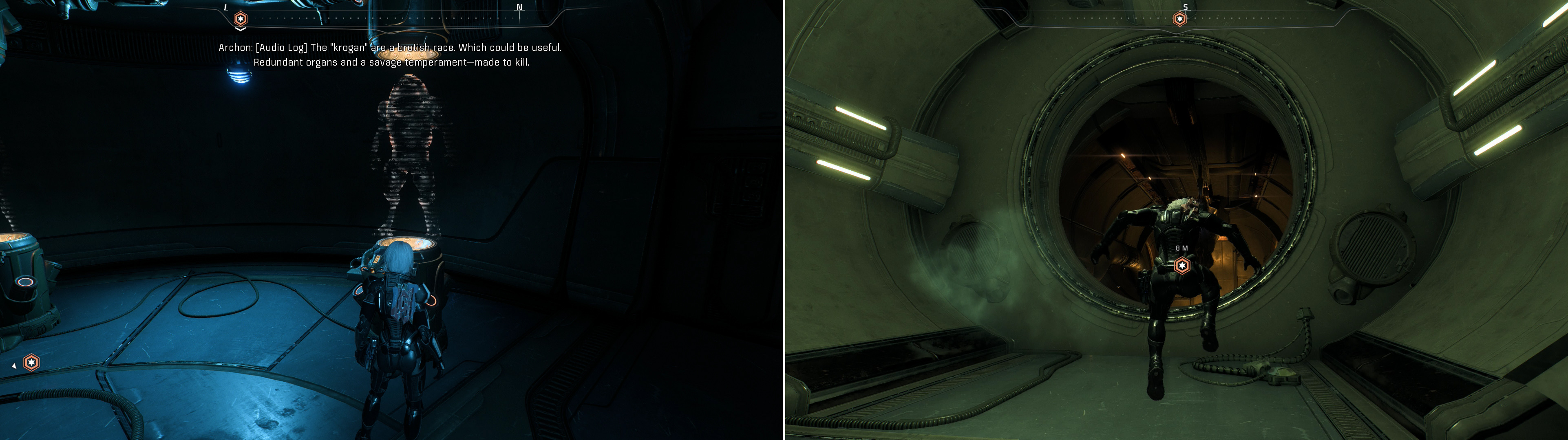 Examine some displays to witness indisputable evidence of the Archon’s plans for the Milky Way races (left) then leap into a circular entrace leading to the maintenance tunnels (right).