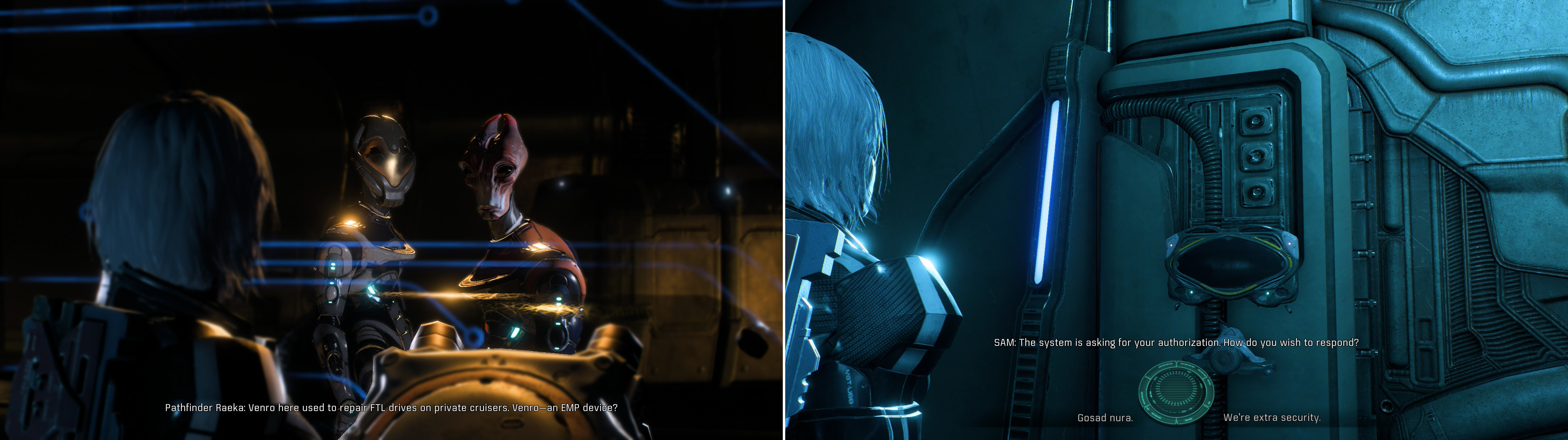 Rendezvous with Pathfinder Raeka, who fortunately has a solution for the Kett’s superior firepower (left). To get deeper into the flagship, you’ll need to use SAM to imitate Kett vocalizations (right).