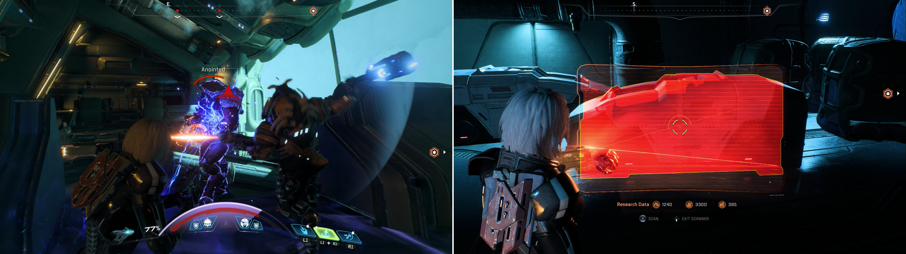 While the Kett in the Hangar are numerous, it’s easy enough to play defensive (left) or avoid them outright. Scan some Initiative Pods (right) only to find that they are devoid of Salarians.