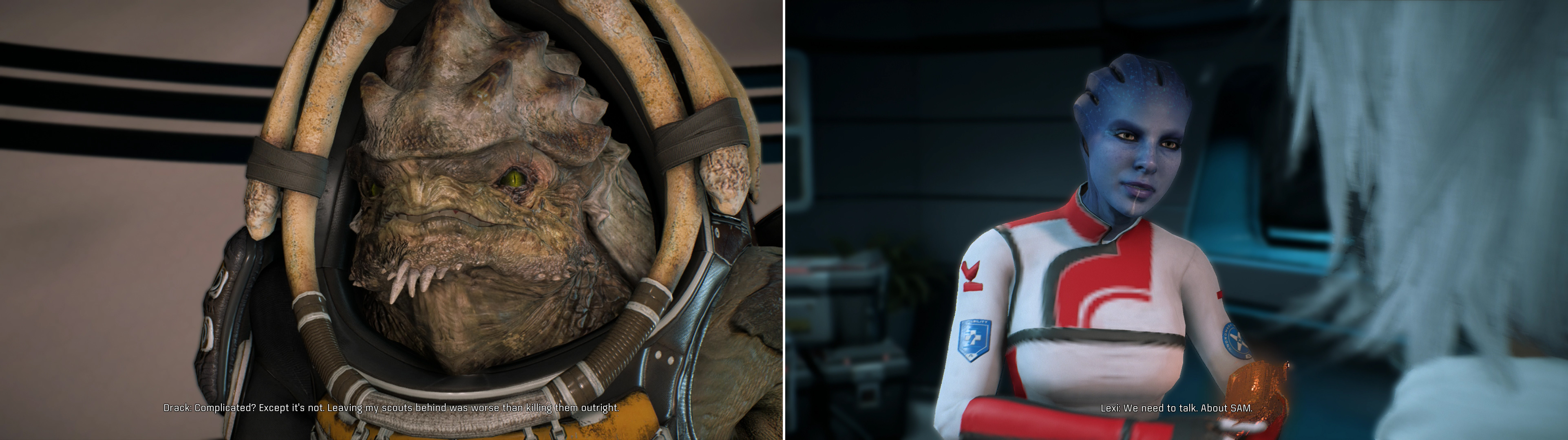 Drack’s reception will be either warm or frosty, depending on your choice during the rescue mission (left). Lexi’s concerns about the mission are somewhat more professional (right).