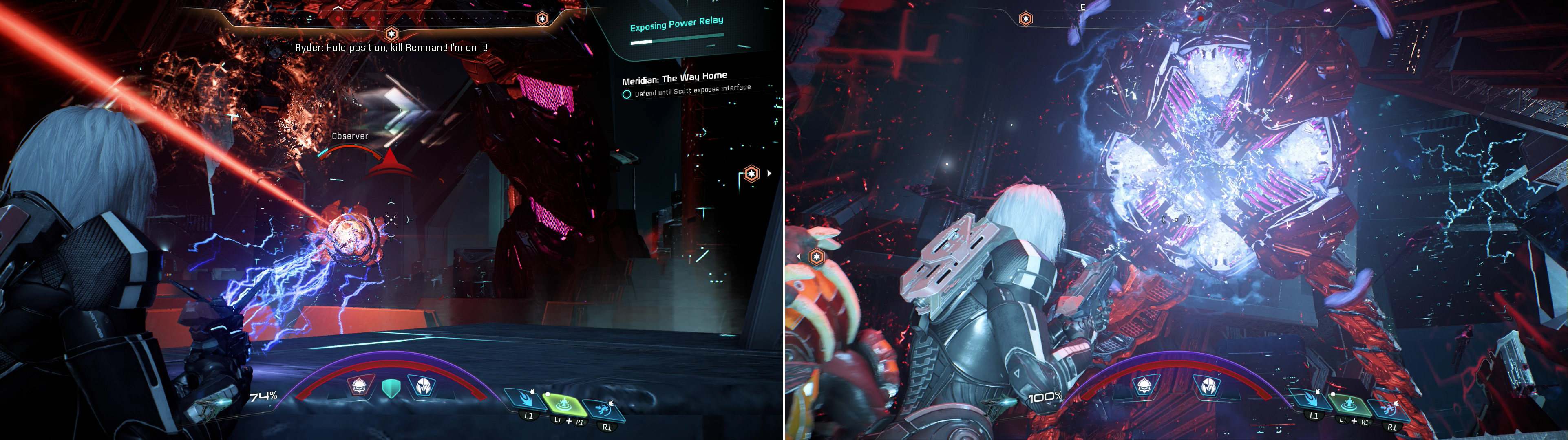 Reach the first Power Relay and fight off the Remnant that attack (left), but be wary of the Archon’s charged laser, as it penetrates cover (right).