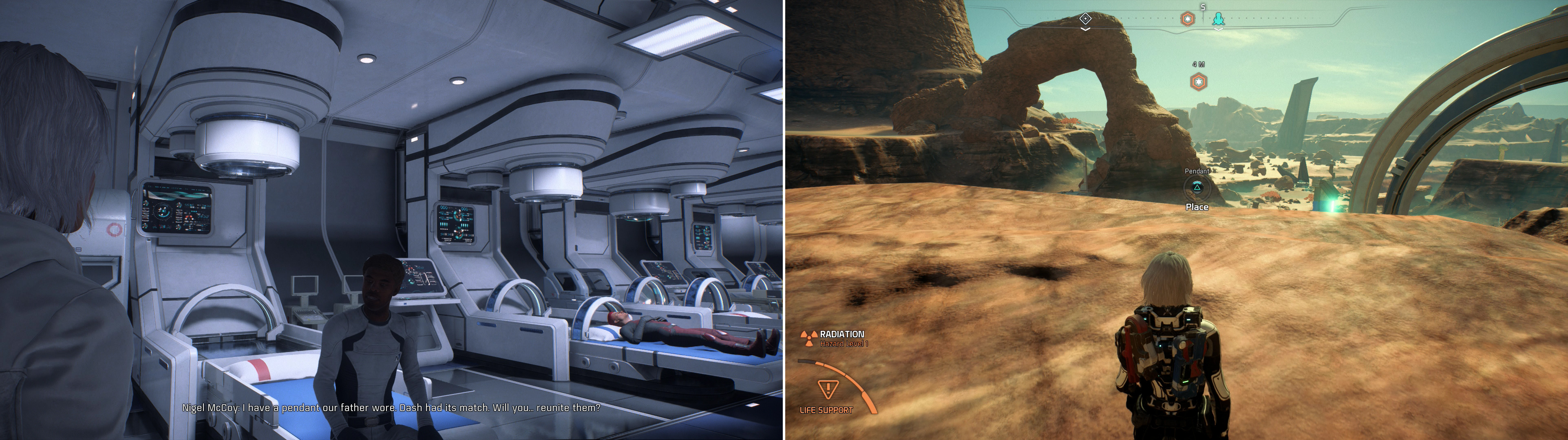 Talk to Nigel McCoy on the Hyperion (left) then fulfill his wishes and reuinite his pendant with his brother’s on a hill overlooking Site 1 (right).