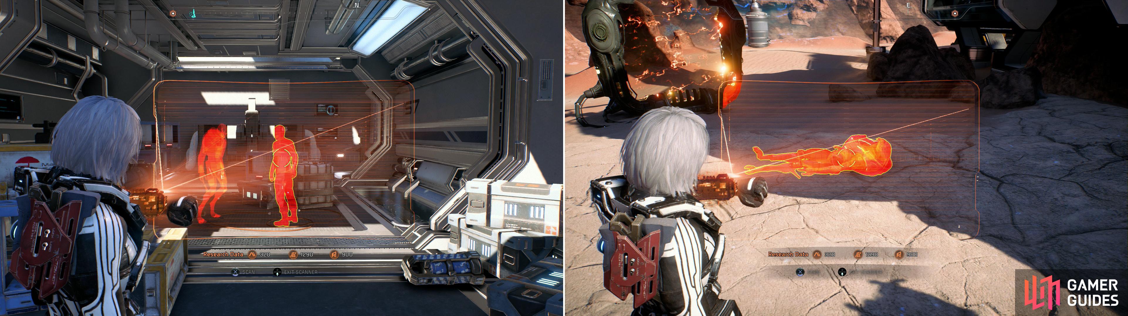 Scan domiciles in Site 2 to reconstruct the colony’s final moments (left). You can also find numerous bodies scattered about for the quest “Task: Naming the Dead” (right).