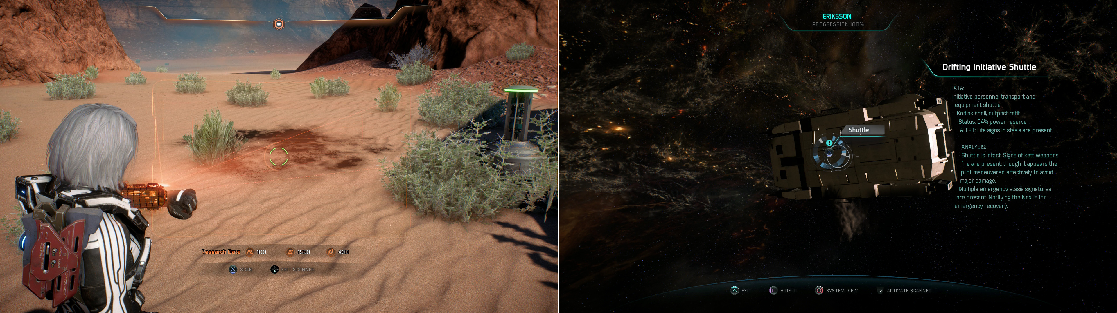 Scan the Shuttle Burn Marks at various navpoint-marked “muster sites” (left) then track down some surviving colonists in the Eriksson System (right).