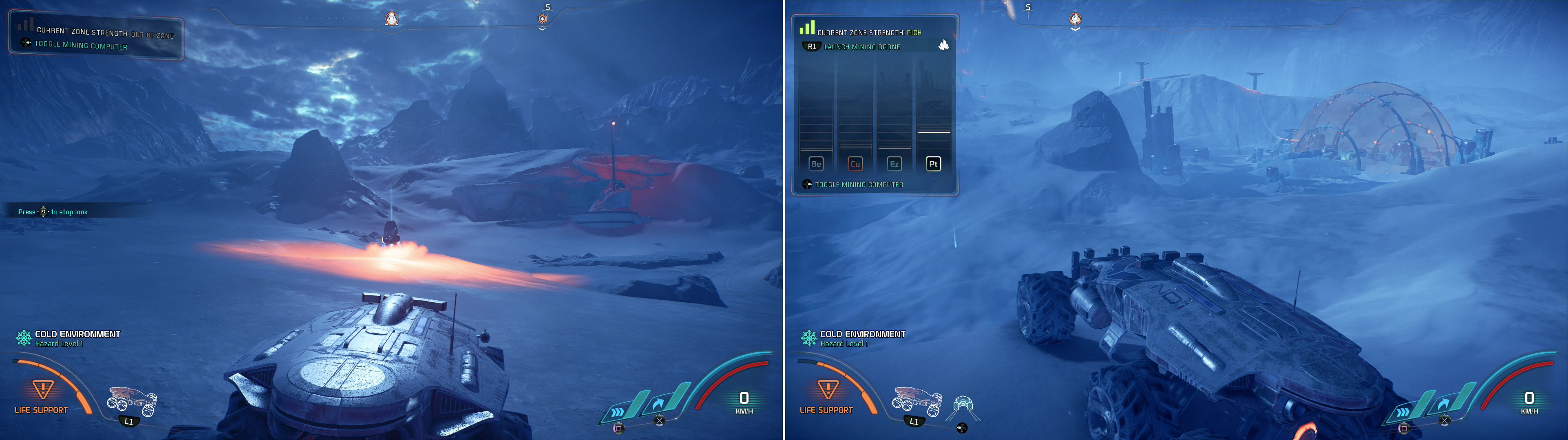 Scattered Forward Stations will provide zones of safety amidst Voeld’s harsh weather (left) and the planet is unusually abundant in valuable resources (right).