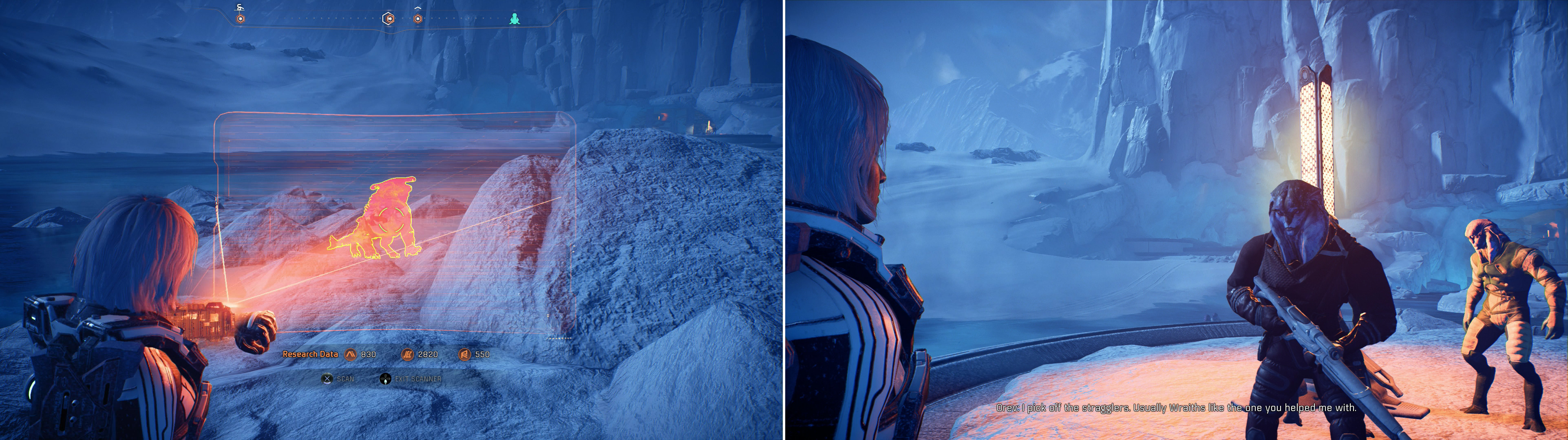 Scan the invisible Wraith “White Death” (left) and after the Angaran sniper takes his shot, head over to his position near the Techiix Station (right).