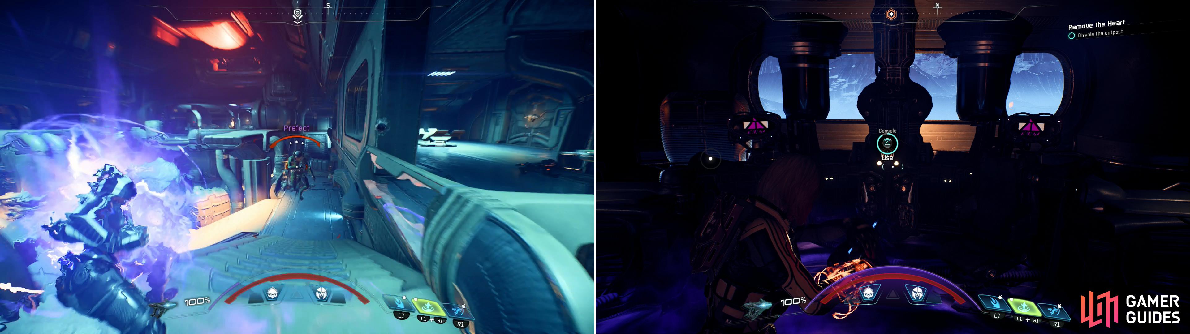 After destroying the Hangar Platforms, the base’s commanding officer - the Prefect - will show himself (left). Defeat the Prefect and ride an elevator to the base’s command center, where you can finally disable the outpost entirely (right).