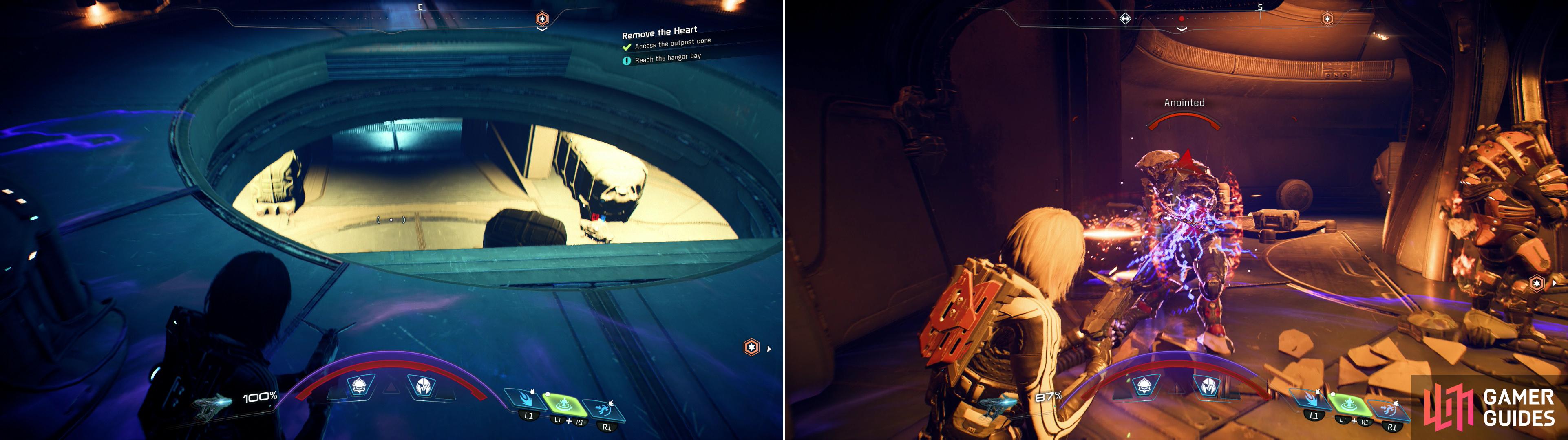 Drop down the hole to reach the base’s core facilities (left) and kill whatever Kett you find waiting for you (right).