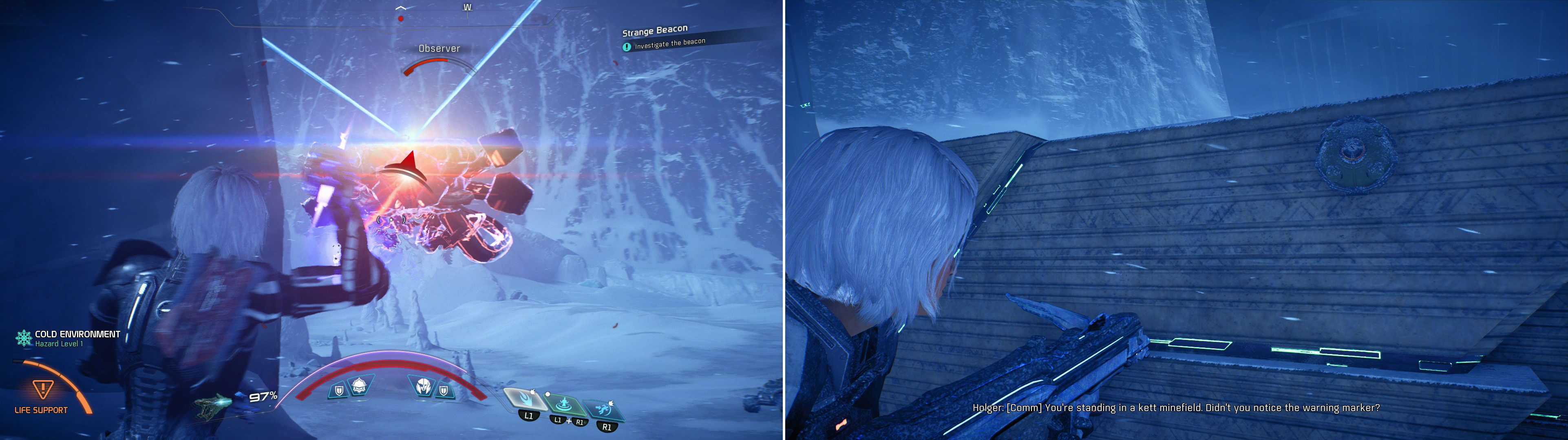 Kill the Remnant near some ruins (left) then interact with a Strange Beacon to get some startling news (right).