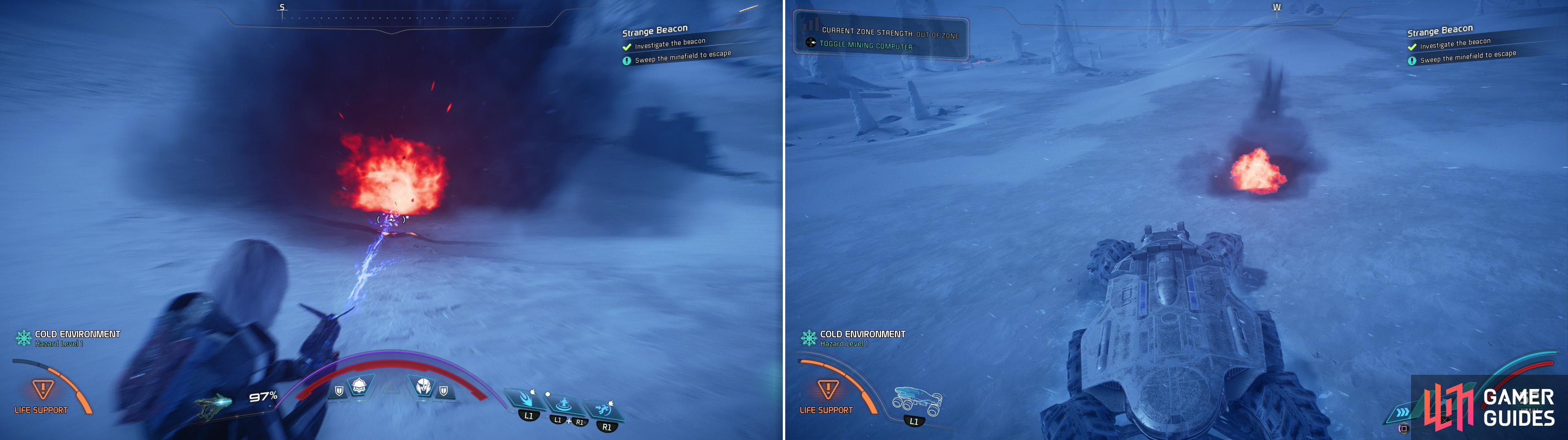You can go around scanning and destroying mines (left), but it’s far simpler to just hop in the Nomad and drive away (right).