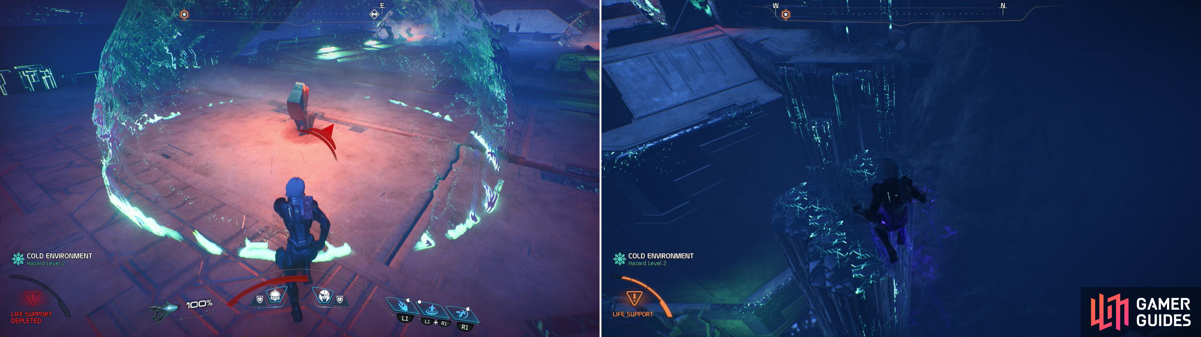 Voeld’s vault is unique in that the environment will be a constant threat, requiring you to seek out the safety of Remnant Shield Chargers to recover your life support (left). Platforming is another tedious feature of the vault on Voeld (right).