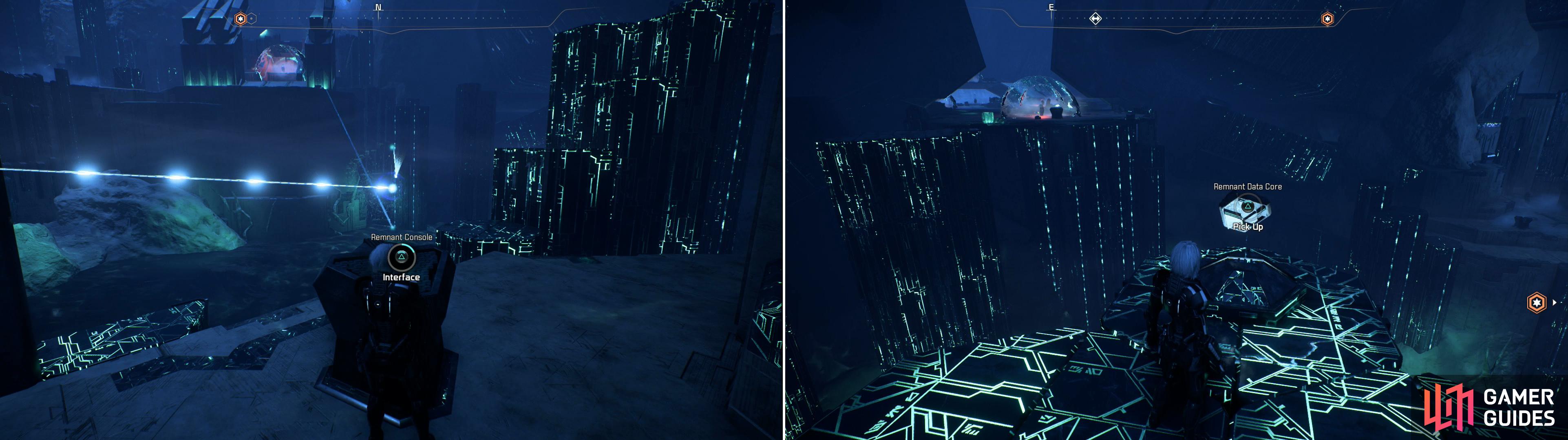 Activate a series of Remnant Consoles to raise a distant platform (left) upon which you’ll find a Remnant Data Core (right).