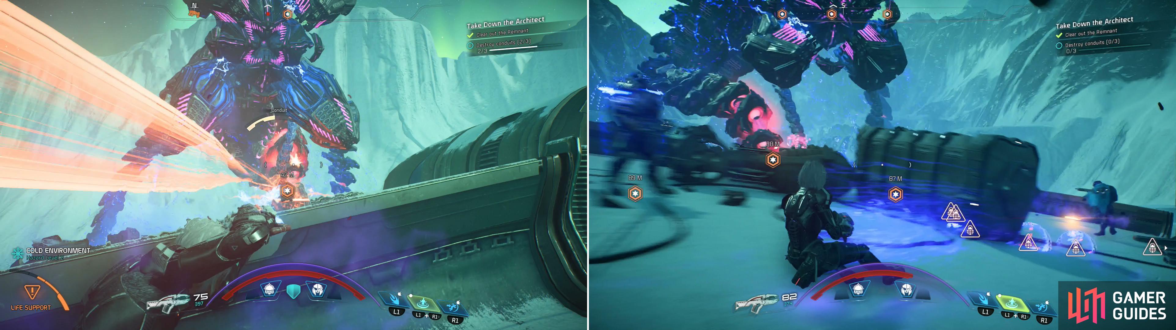 Stay in cover to avoid the Architect’s rapid-fire laser attack (left) and stay mobile to avoid its mines (right).