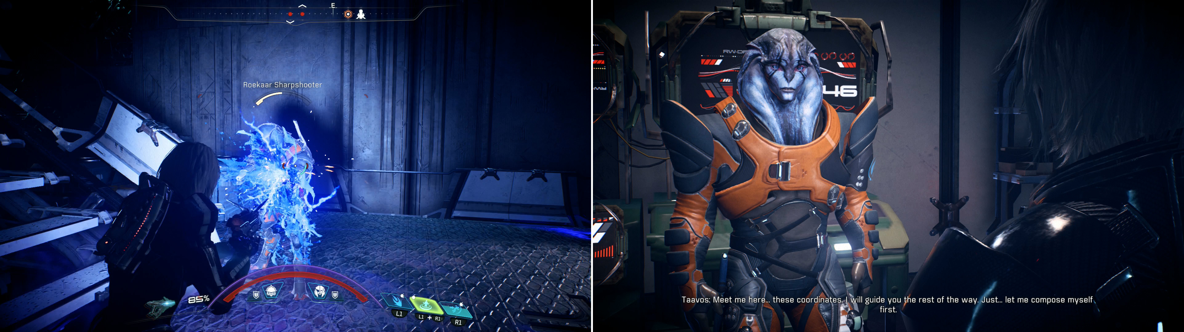 Right your way through numerous Roekaar strongpoints (left) then enlist Taavos’ help (right).