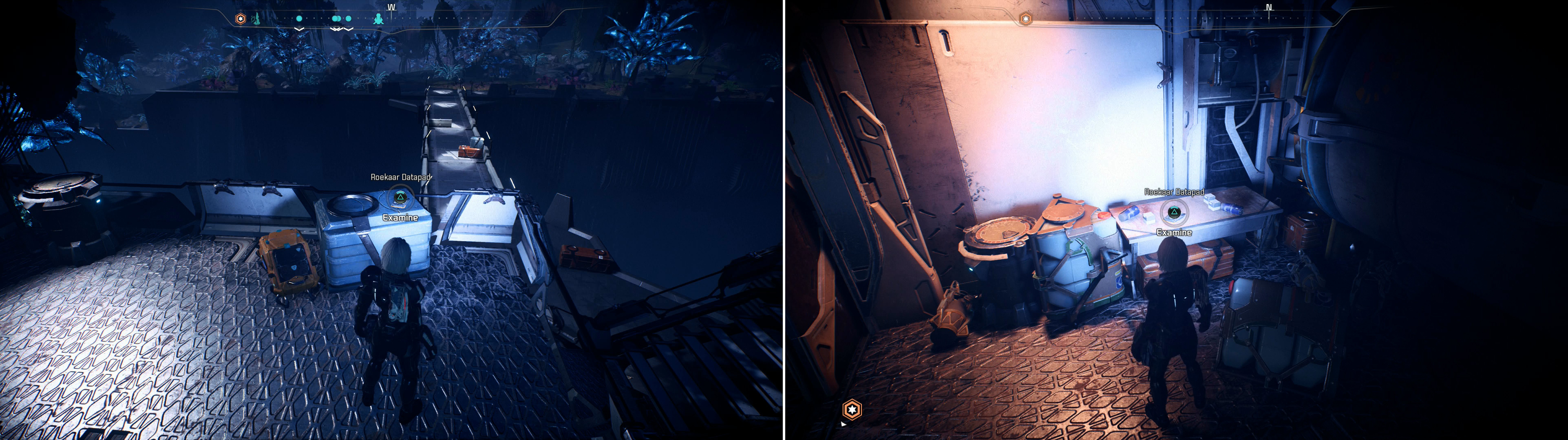 You’ll find Roekaar Manifestos near the bridge across Havarl’s trench (left) and in the Roekaar camp along the eastern edge of the Havarl operational zone (right).