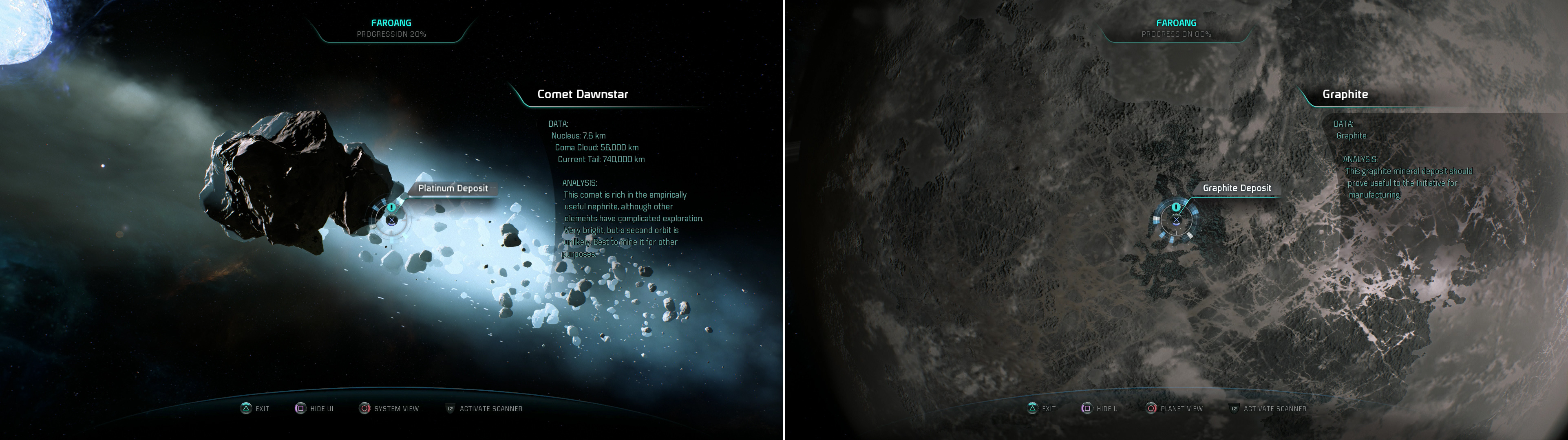 Faroang is home to the Comet Dawnstar, from which Platinum can be extracted (left). On Yilfaen you’ll find Graphite (right).