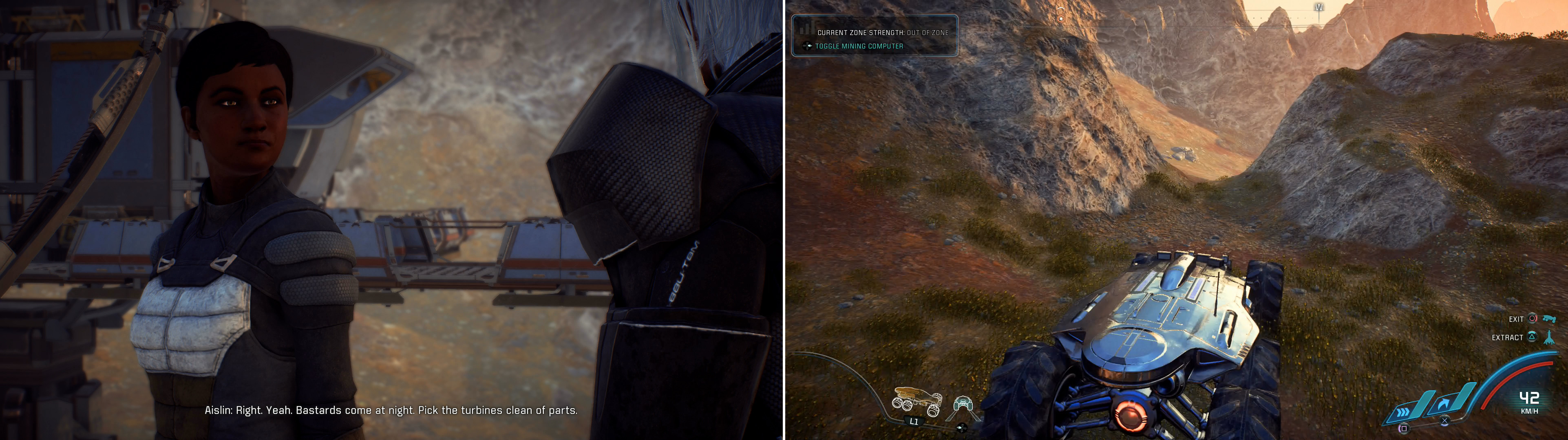 Talk to Aislin to learn that scavengers have been causing her no small amount of trouble (left). Drive through the mountainous highlands of Haafel to reach the scavenger camp (right).