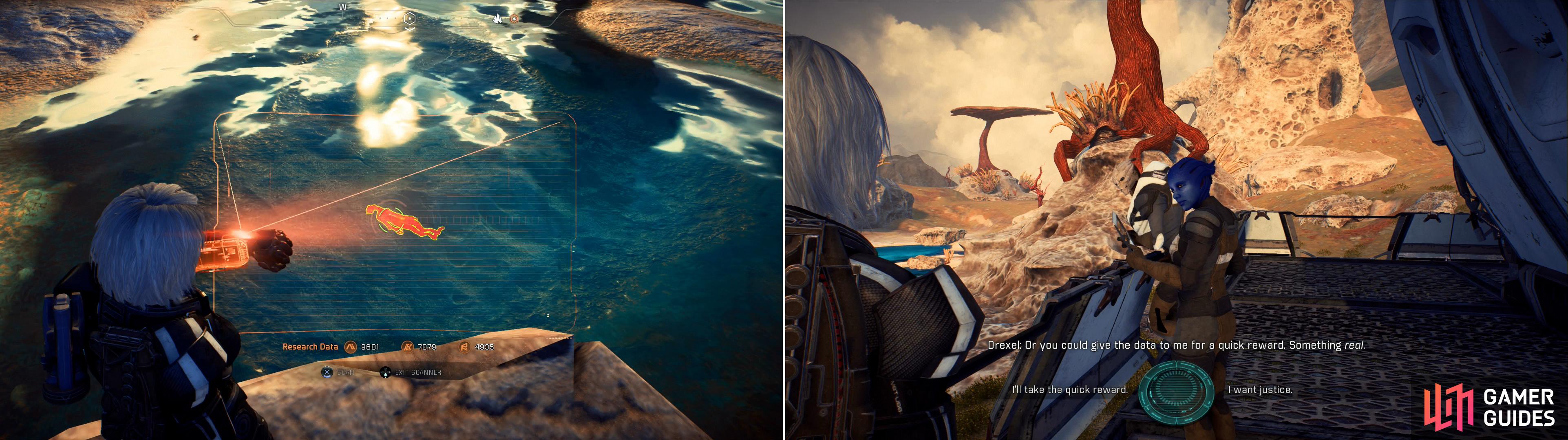 Around Kadara you’ll find various bodies of water, which are being used as convenient dumping grounds for… bodies. Ironic. (left) Scan these bodies and return to Saneris and Drexel and choose between their offers (right).
